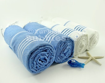Set of 4 Turkish Towel Blue White BEACH Towels Peshtemal Turkish Bath Towels, Hammam Spa Towel, Fouta Towel, Pareo