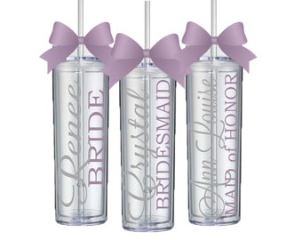 7 Skinny Personalized Bridesmaid Tumblers - Wedding Party Acrylic Tall Tumblers - SET of SEVEN