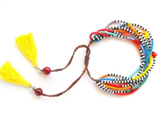 Adjustable Seed Bead Bracelet African Bracelet Multistrand Bracelet Yellow Tassel Bracelet Masai Bracelet