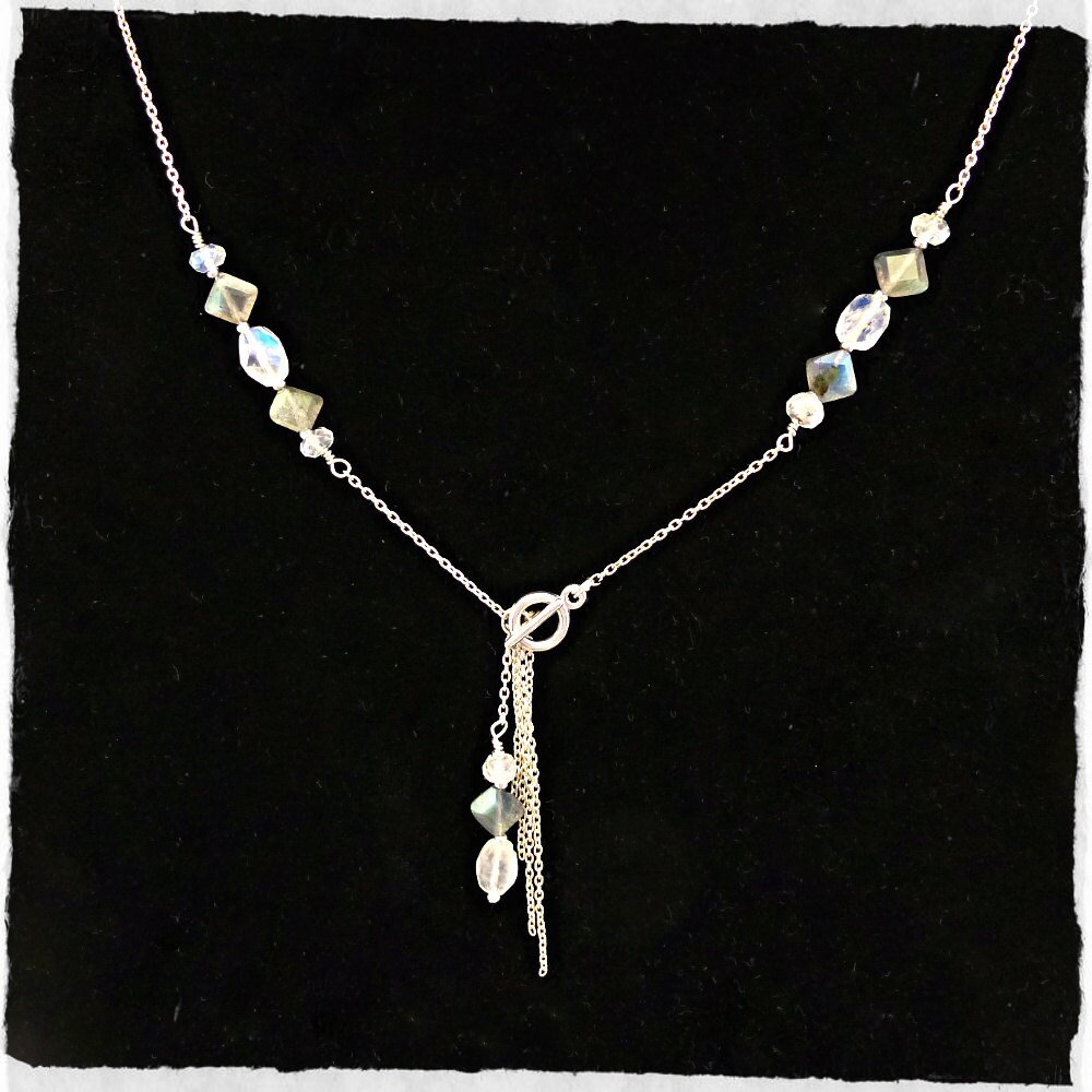 Iridescent Gemstone Lariat Necklace & Dangle Earrings/