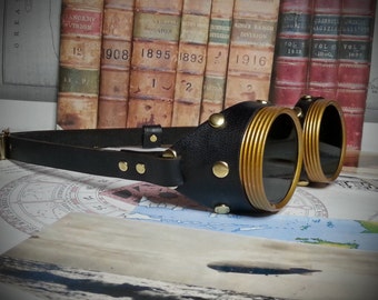 Steampunk Goggles Brass & Black Leather - The Commander , Dieselpunk, Adventurer, Time Traveller, Explorer, Airship, Kraken, Burning Man