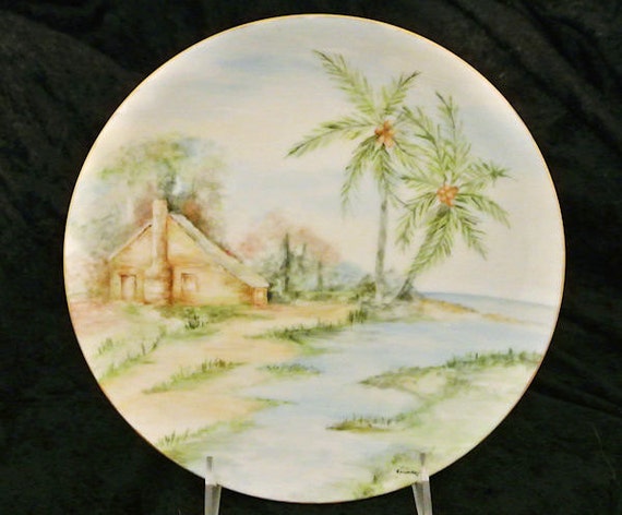 Antique Artist Signed Hand Painted Porcelain Plate 1900s Austria Austrian Tropical Paradise Caribbean Hawaii Island Palm Trees Ocean Scenic