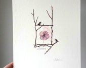 Giclee fine art reproduction print breakable drawing collage pressed flower sparrows branches pink purple brown