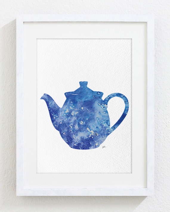 Blue Teapot Watercolor Painting 5x7 Archival Art Print