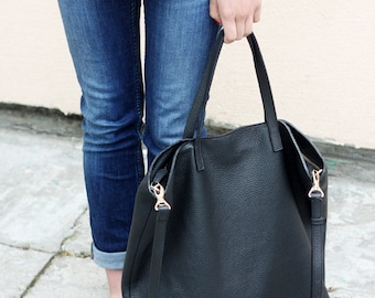 DOMI - Top Zip Black Leather Tote Bag