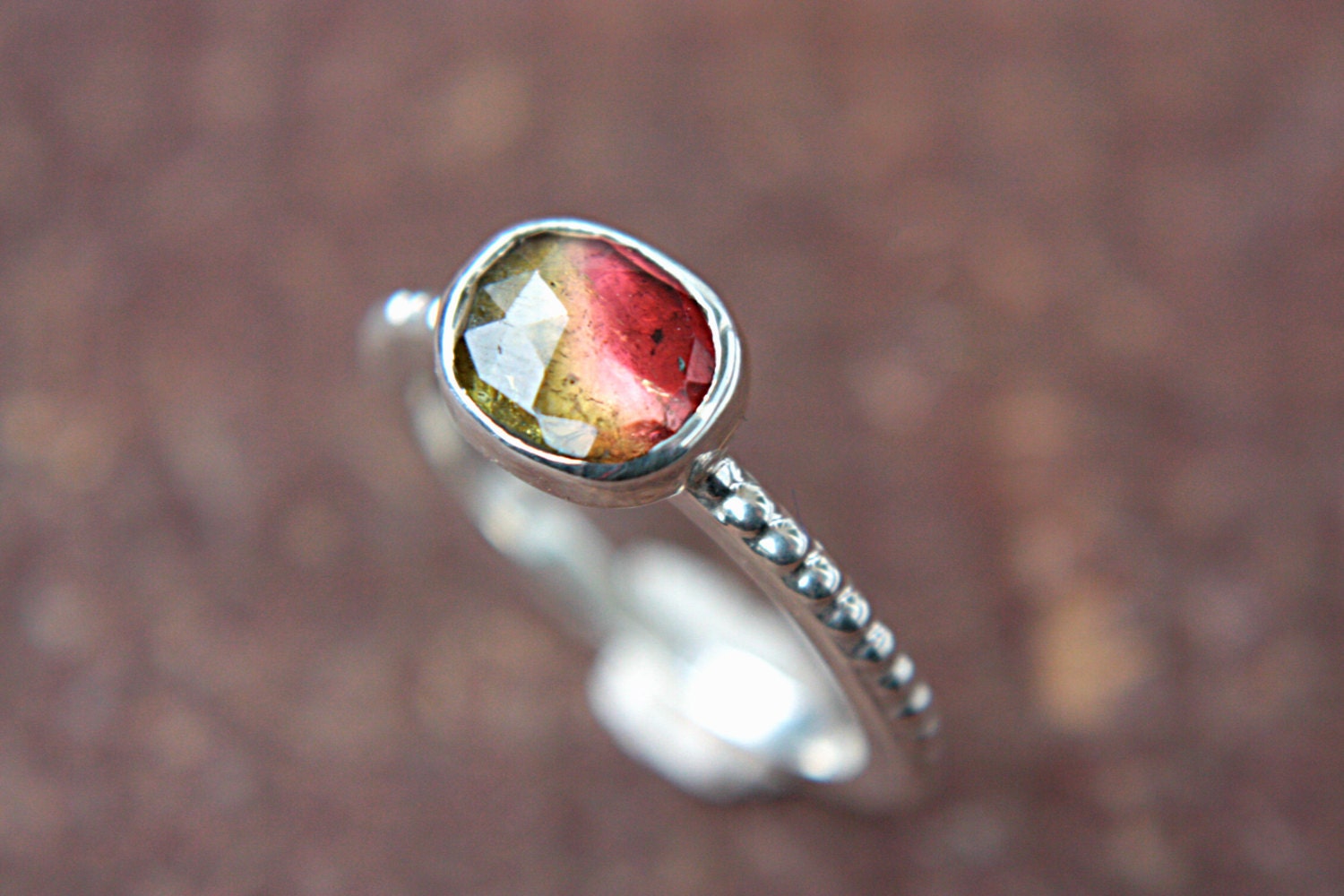 Watermelon Tourmaline Ring Sterling Silver Natural Rose Cut