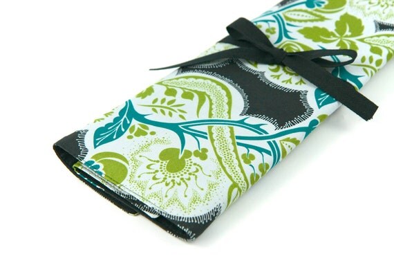 Large Knitting Needle Case Organizer - Flourish Twilight - Multi 30 black pockets for straight, circular, double point needles or brushes