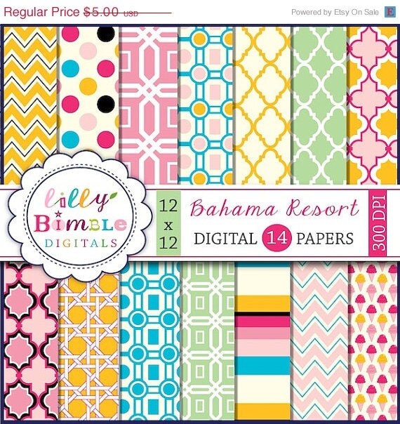 50% off Bahama Resort digital scrapbook papers quatrefoil, trellis, modern, summer, tropical colors Download Il_570xn