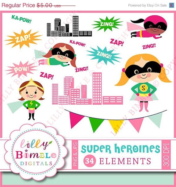 50% off Super Hero Girl clipart for girls birthday parties, invites, Heroine clip art flying cape pink INSTANT Download Il_570xn
