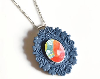 French Brocade Recycled China Necklace - Modern Blue