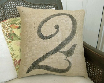 Bird Number Custom Pillow - Burlap Feed Sack Pillow - Square Number Pillow