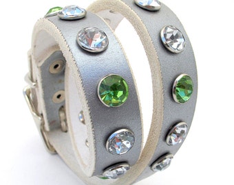 Silver Leather Dog Collar with Giant Rhinestones, Size M, Medium Dog, to fit a 14-17in Neck, Eco Friendly, Girl, Feminine, OOAK