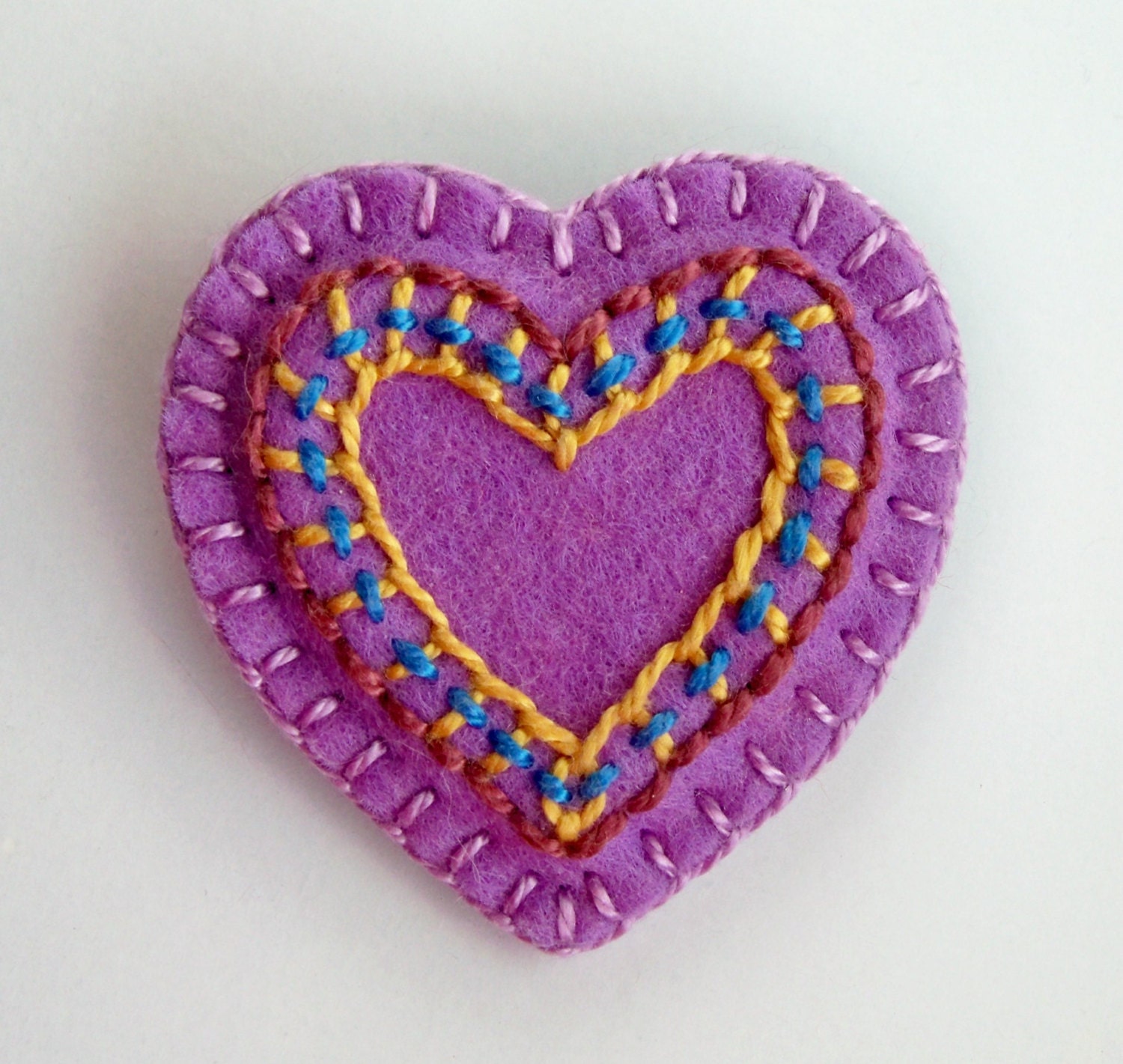 Hand Embroidered Lavender Felt Heart Brooch or Pin