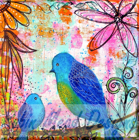 Items similar to Bird Art Duet bird art print bird painting bird mixed ...