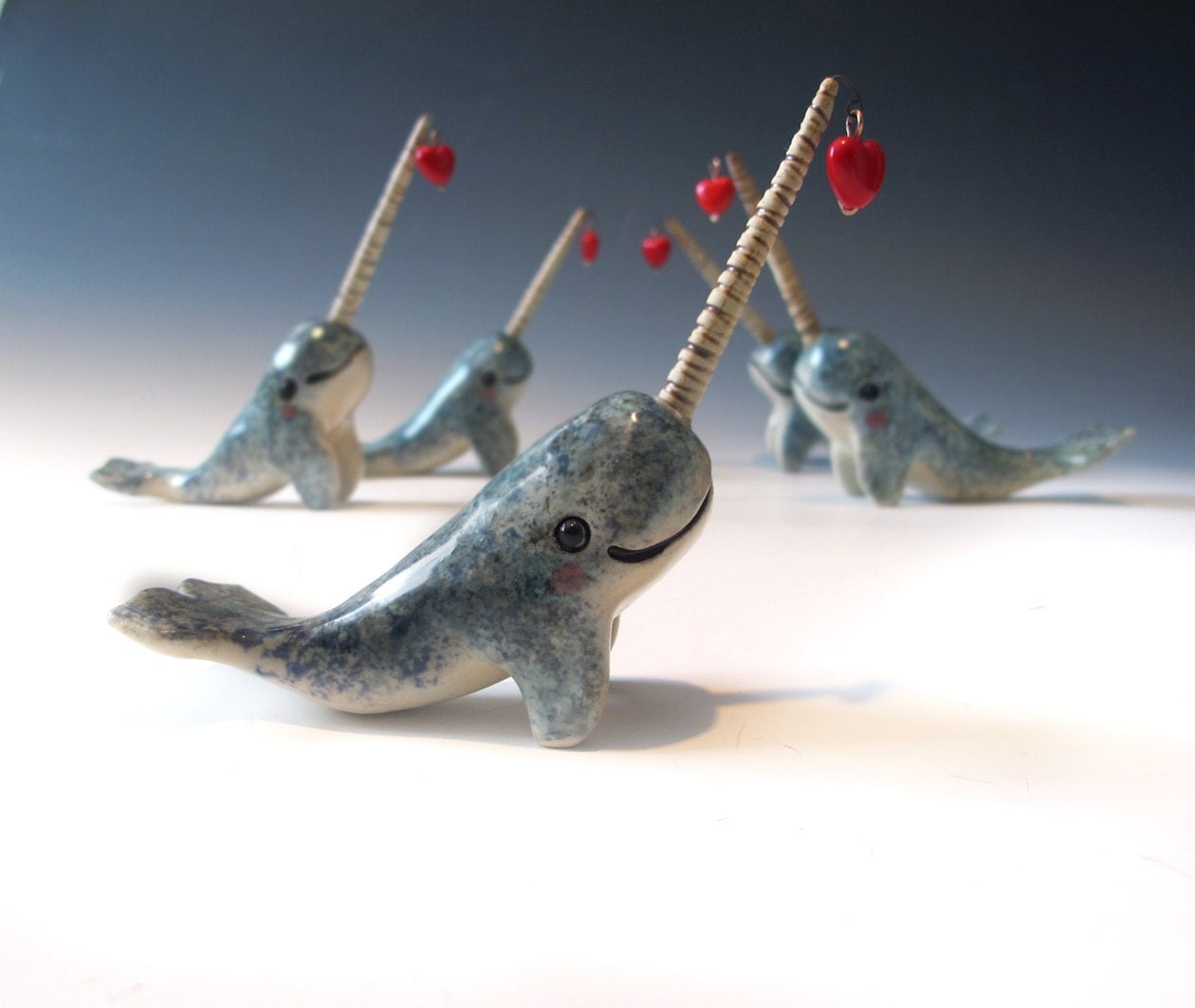 Narwhal Love Hand sculpted ceramic figurine with Heart