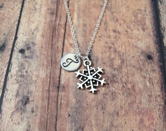 Snowflake initial necklace - snowflake jewelry, winter necklace, snowflake necklace, Christmas jewelry, holiday necklace, snow jewelry