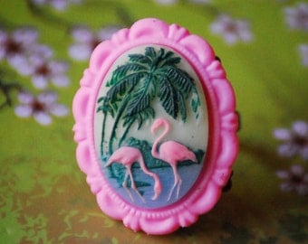 Rockabilly Pink Flamingo Ring, Bubblegum Pink Flamingo and Palm Trees Adjustable Ring, Flamingo Cameo Ring, Kitsch Beach Jewelry
