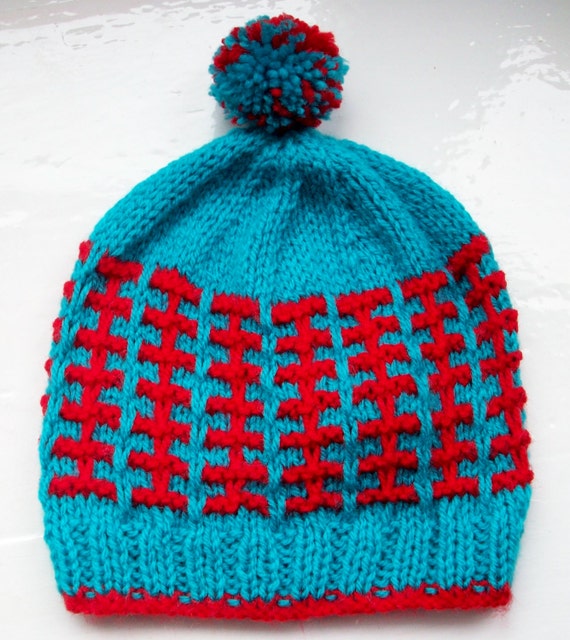 Child's hat,hand knitted pompom beanie, bright, fun, red, turquoise blue