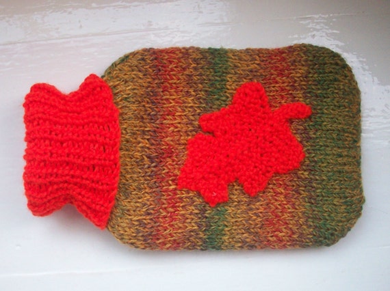 hot water bottle and cover, hand knitted, unique, autumn, oak