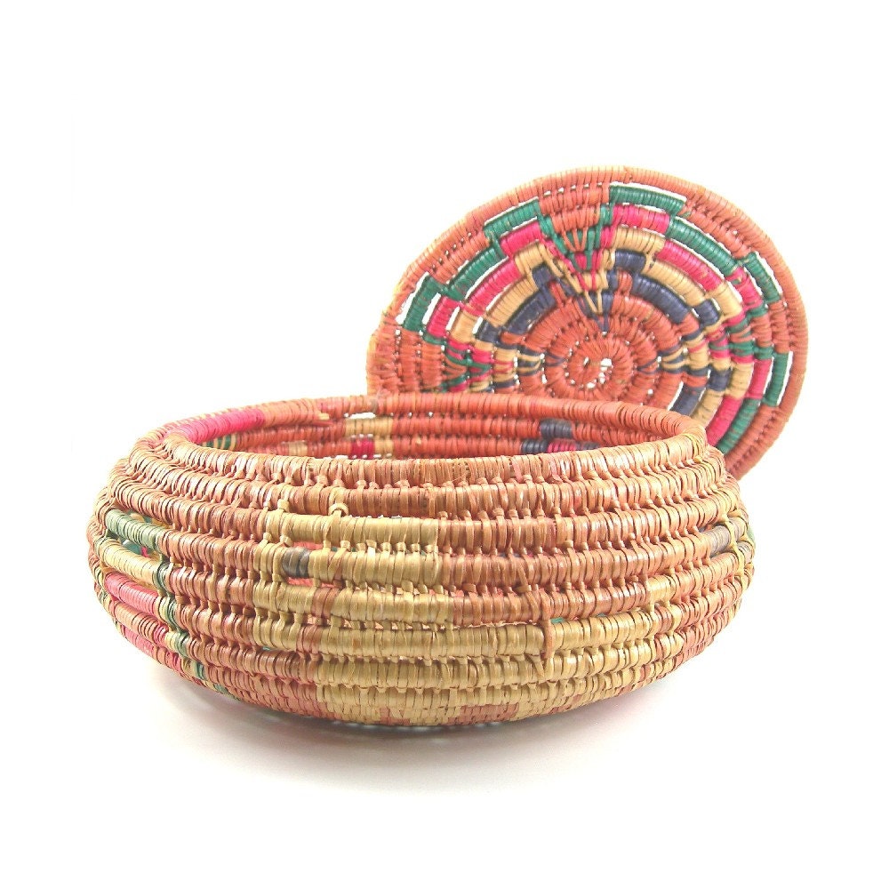 Mexican Woven Coil Basket with Lid Horse and People Colorful