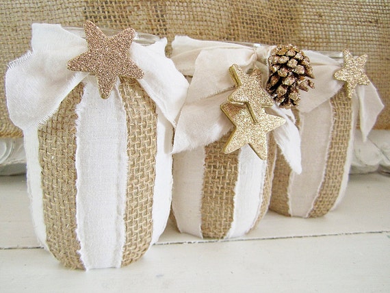 Christmas Decor Mason Jar Burlap and Muslin Shabby Chic Cottage Chic Centerpiece Holiday Decor