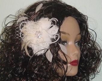 Wedding Fascinator Ivory n Champagne Feathers French Veiling
