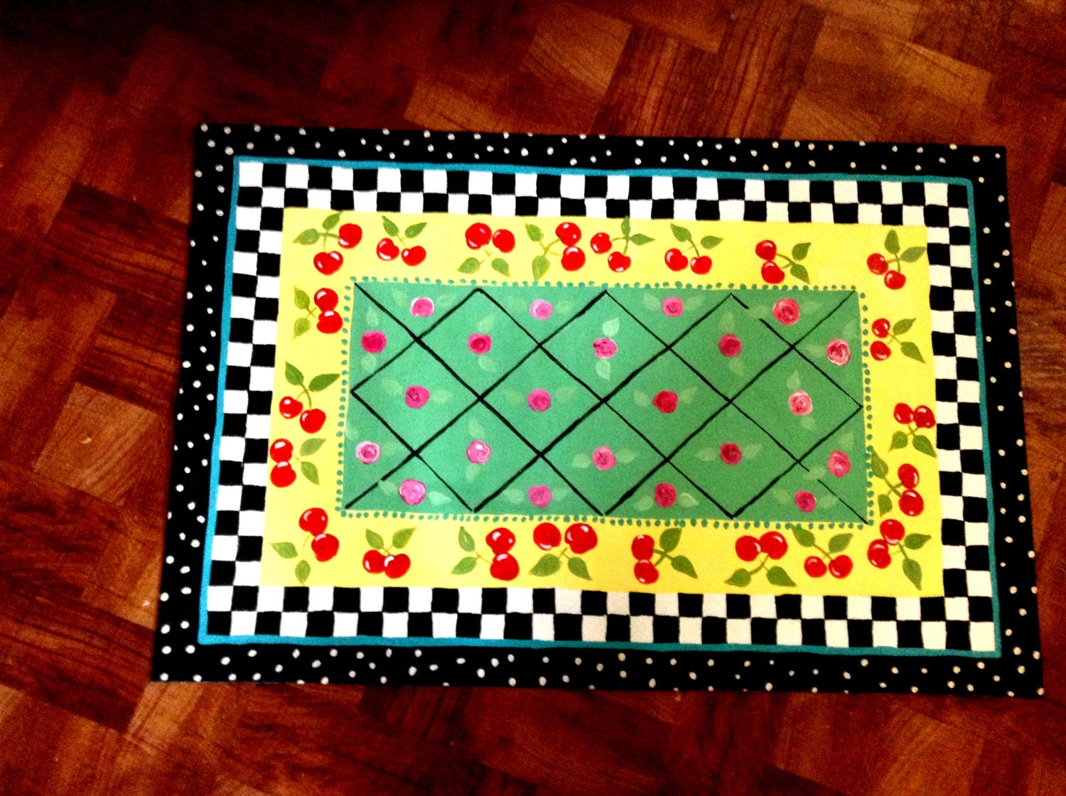 FLOORCLOTH hand painted rug Cottage Decor Shabby CHERRIES