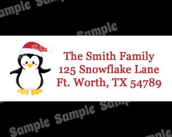 30 Personalized Christmas Return Address Labels - Penguin Design