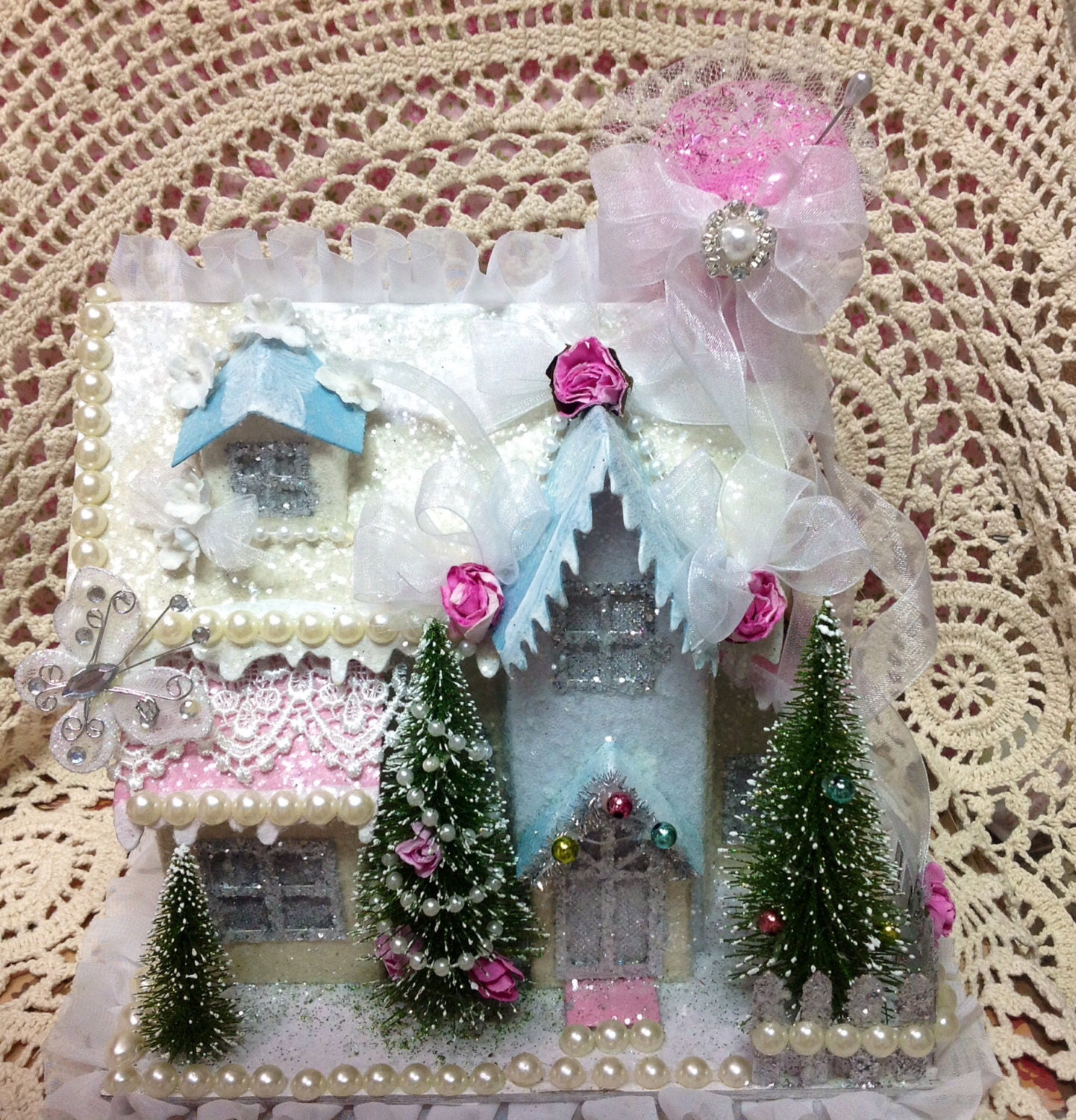 Pink Christmas Putz Village House For Table Top Or Under The Tree Large House