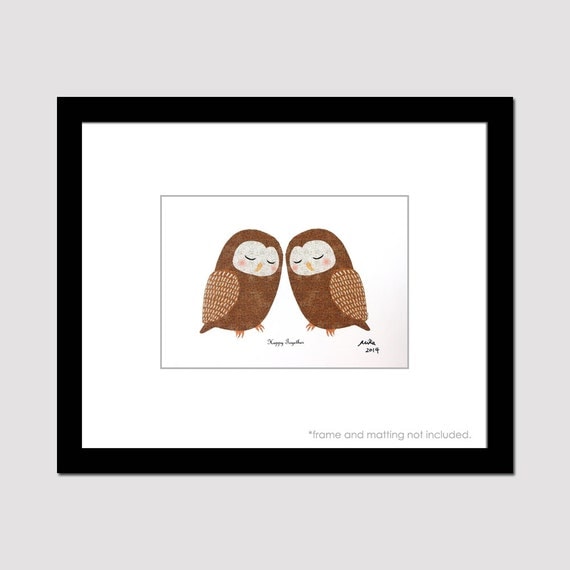 Owl Love Illustration Print Woodland Cute Owl Couple Painting
