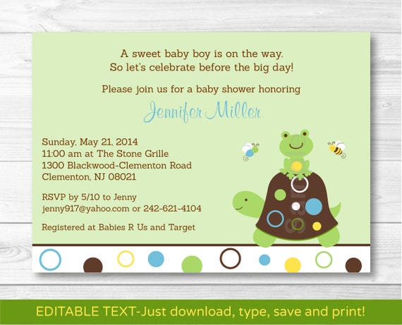 Pink Turtle Stacked Frog Printable Baby Shower Invitation Editable PDF