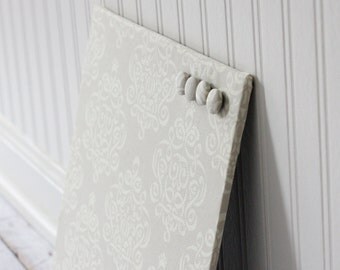 Fabric covered magnet board 12 inch x 12 inch covered in Beige Ribbon Damask Fabric