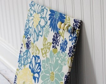 Fabric covered magnet board 12 inch x 12 inch covered in Blue and Yellow Floral Fabric