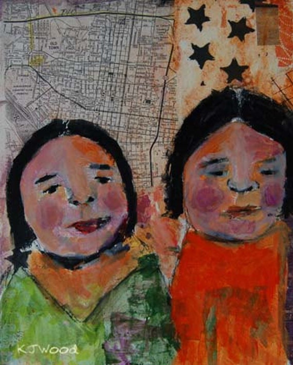 Acrylic Portrait Painting, Two Sisters on a Roadtrip, Women, Girls, Orange, Lime Green, Map, Stars, 8x10, Mixed Media, Collage, Canvas Panel