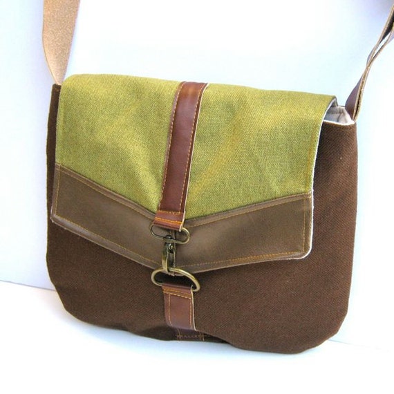 satchel crossbody bag in tweed canvas and leather brown