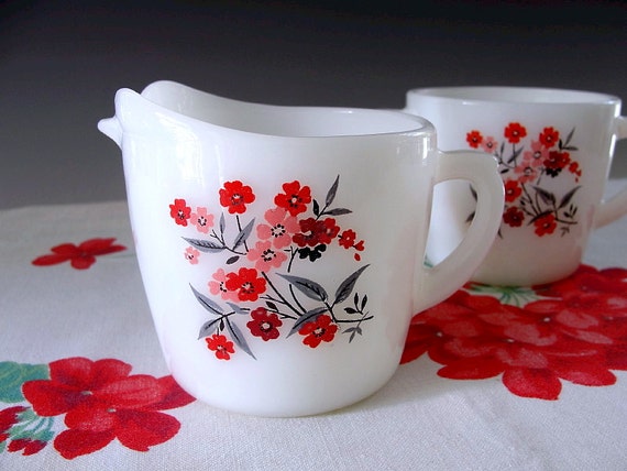 Vintage Fire King Sugar and Creamer Primrose Milk Glass Floral