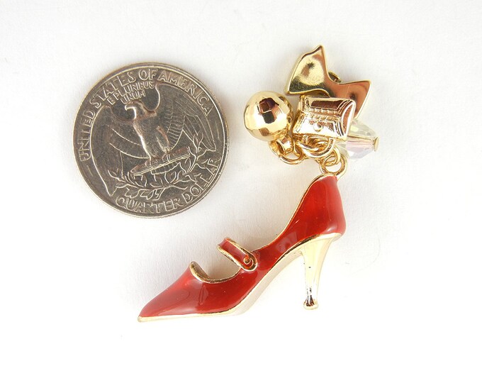 Red Epoxy Gold-tone High Heel with Beads and Tiny Purse and Bow Charms