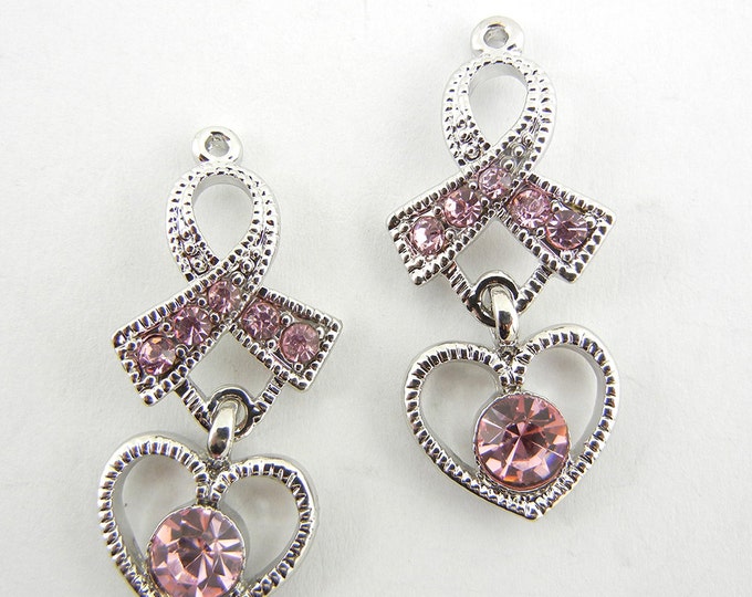 Pair of Pink Ribbon and Heart Drop Charms Pink Rhinestones Antique Silver-tone