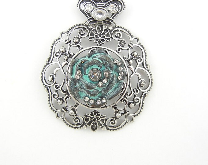 Large Antique Silver-tone Verde Patina Rose Pendant Rhinestones Crown Top