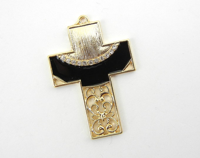 Gold-tone Filigree Cross Pendant Rhinestones Black Epoxy Arch