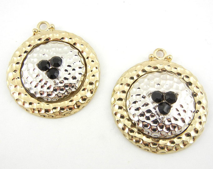 Pair of Round Textured Two Tone Charms Black Rhinestones