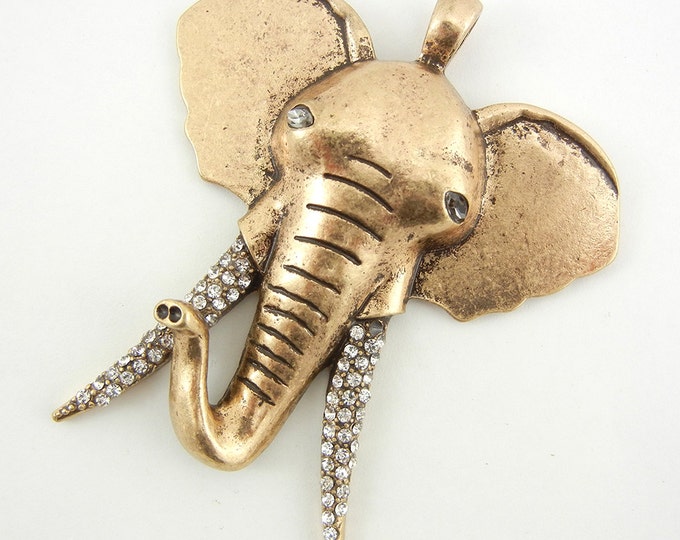 Antique Rose Gold-tone Rhinestone Tusks Elephant Head Pendant