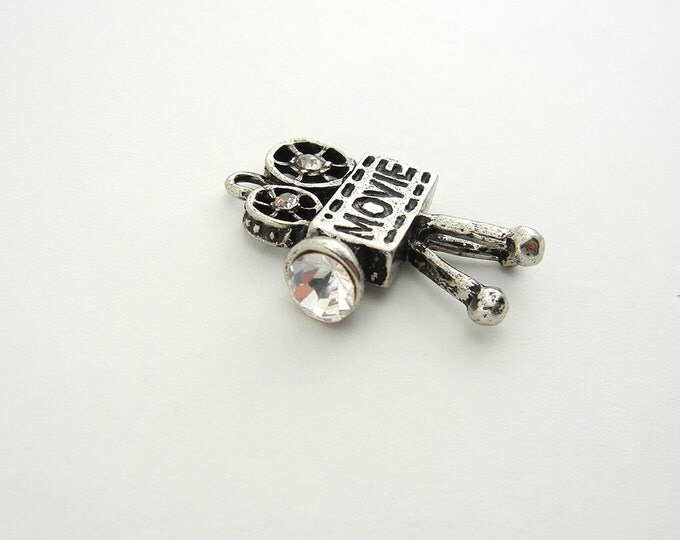 Antique Silver-tone Movie Camera Charm with Rhinestone Accents