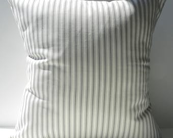 New 18x18 inch Designer Handmade Pillow Cases in grey on cream ticking stripe