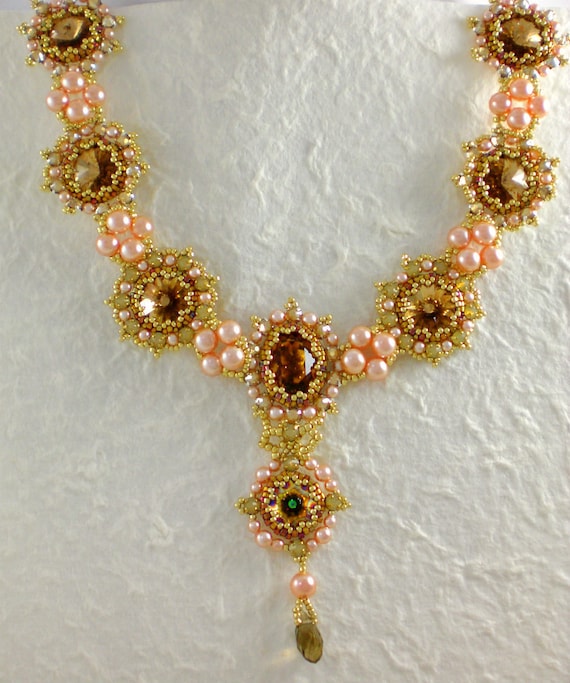 Necklace Crystal Pink Brown Gold Green Rivoli Jewelry Romantic