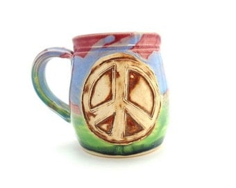 Handmade Pottery Mug ceramics and pottery Peace Sign rainbow colors by Jewel Pottery