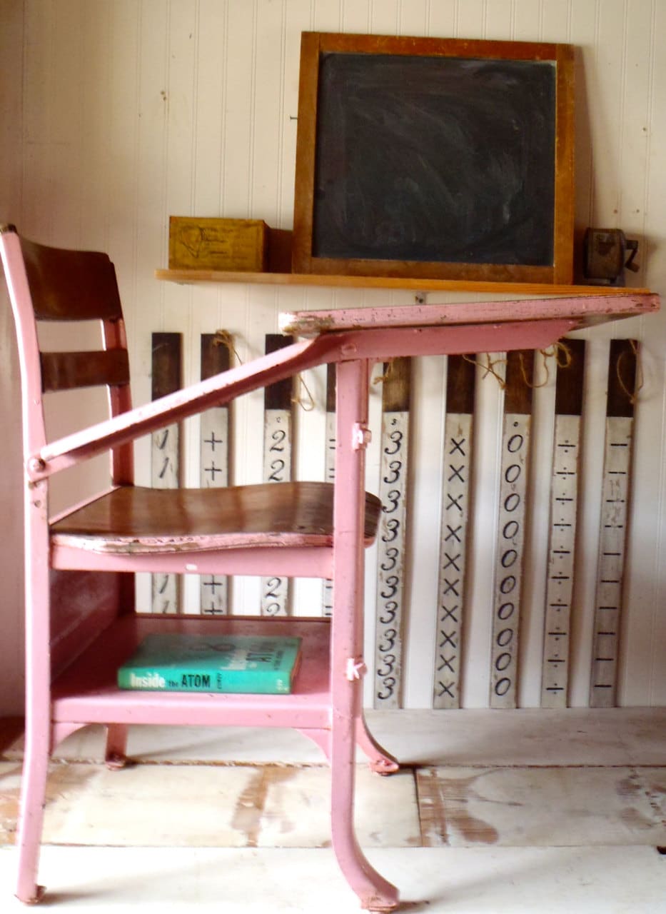 Vintage Industrial Modern Pink Metal and Maple Wood Student