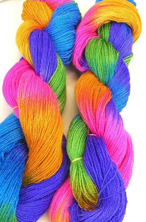 Hand Dyed Alpaca Silk Lace Yarn Neon Rainbow