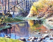 Autumn On Hamer Creek Watercolor Painting Print by Cathy Hillegas,6.5x10 watercolor landscape, yellow, orange, green, blue, purple, brown Autumn On Hamer Creek Watercolor Painting Print by Cathy Hillegas,6.5x10 watercolor landscape, yellow, orange, green, blue, purple, brown