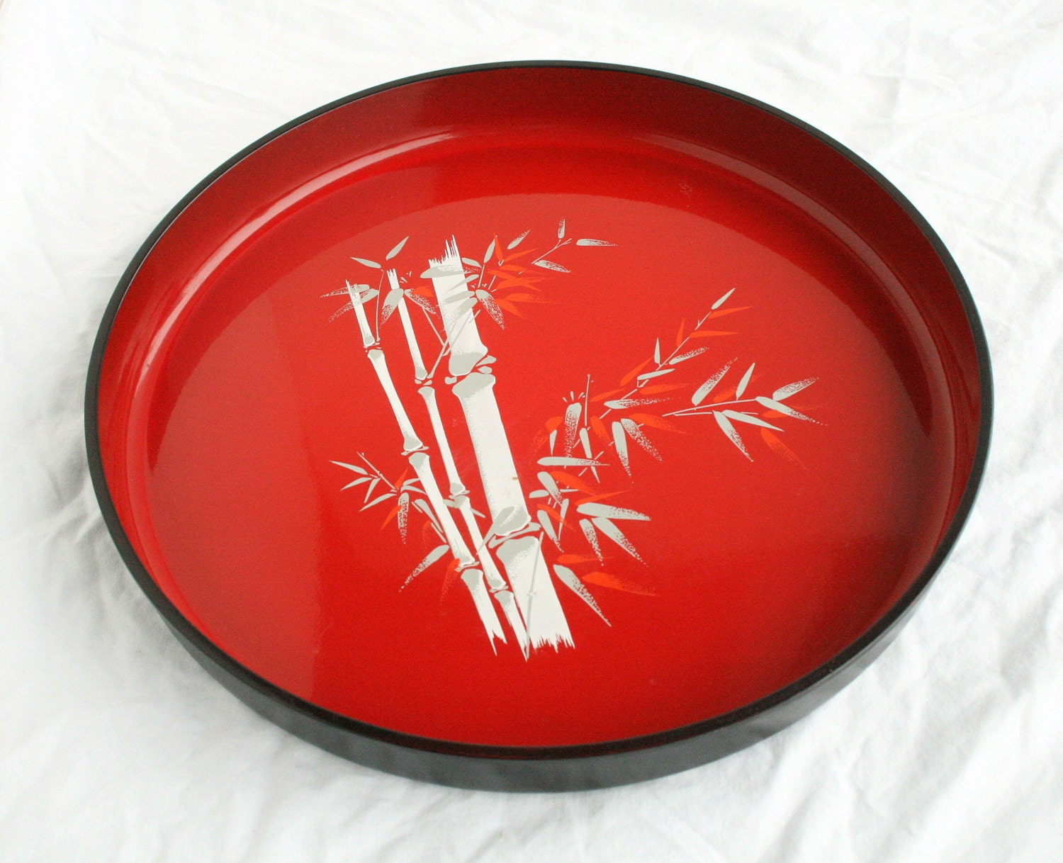Vintage Japanese Serving Tray Black Red Lacquerware Bamboo